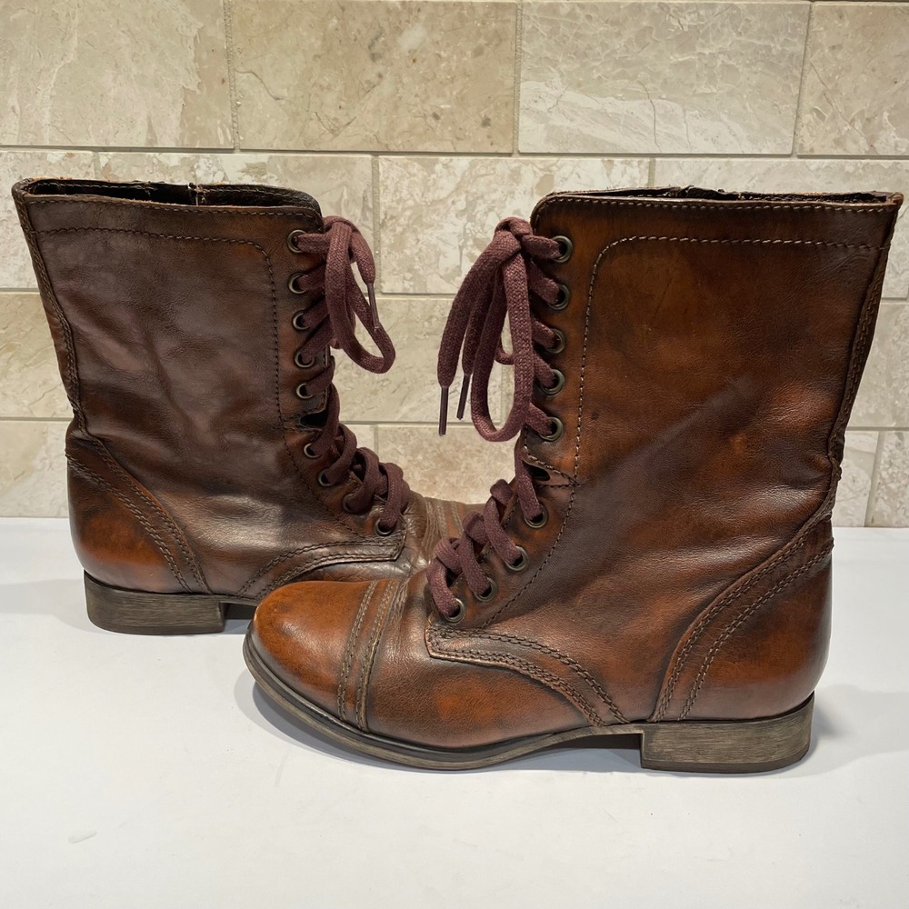 Steve Madden Troopa Brown Leather Lace Up Combat Boots Side Zip Cognac Womens‎ 6